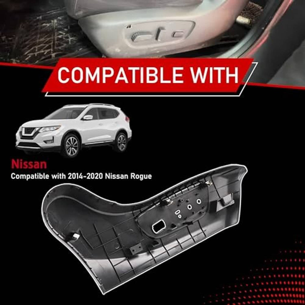 Black front driver seat trim panel outer shell with openings and mounting tabs