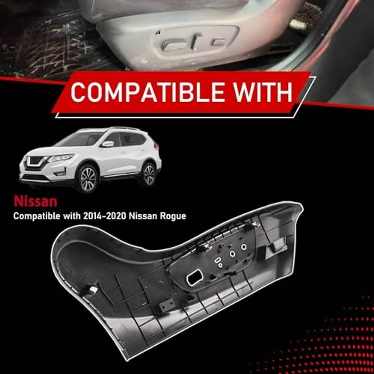 Black front driver seat trim panel outer shell with openings and mounting tabs