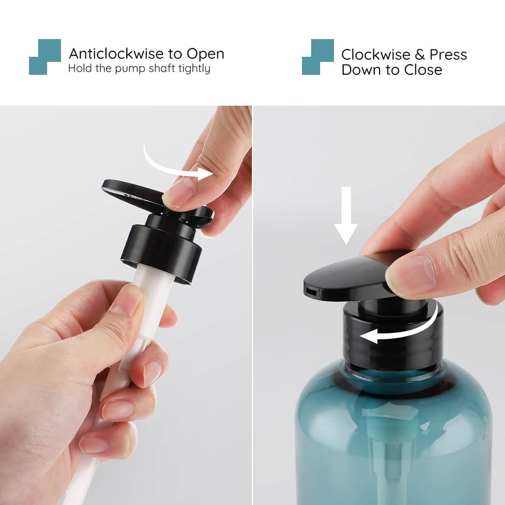 Hands showing black pump dispenser twist and press mechanism on a teal bottle