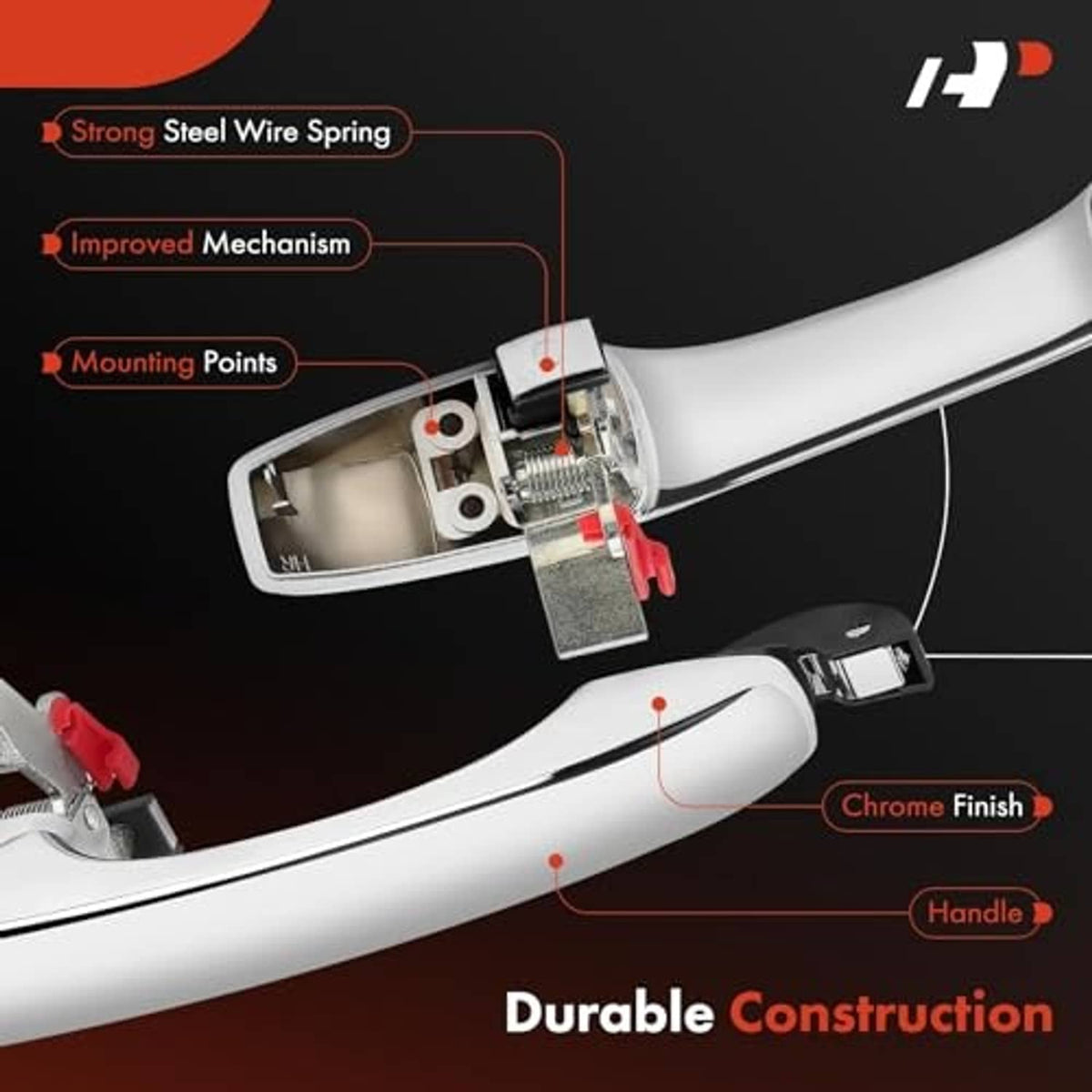 Silver chrome exterior door handle mechanism view with spring and red release tab