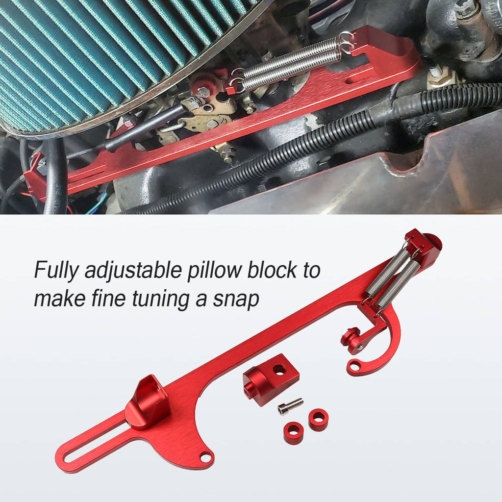 Red throttle cable bracket on a car intake setup with adjustable components shown