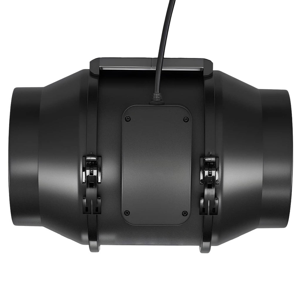 Close-up of black inline duct fan rear housing with mounting brackets