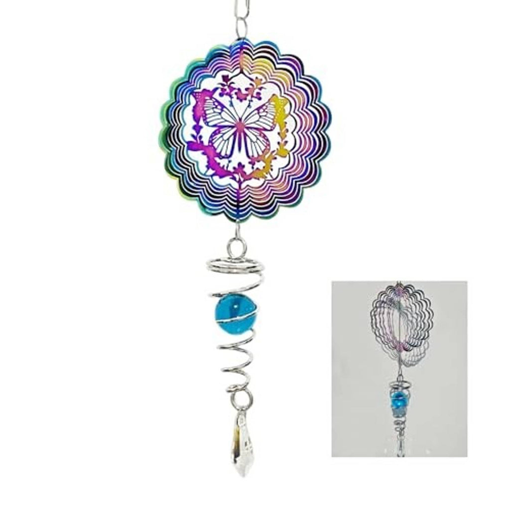 Hanging mandala wind spinner with rainbow scalloped disc, blue bead, spiral metal, crystal