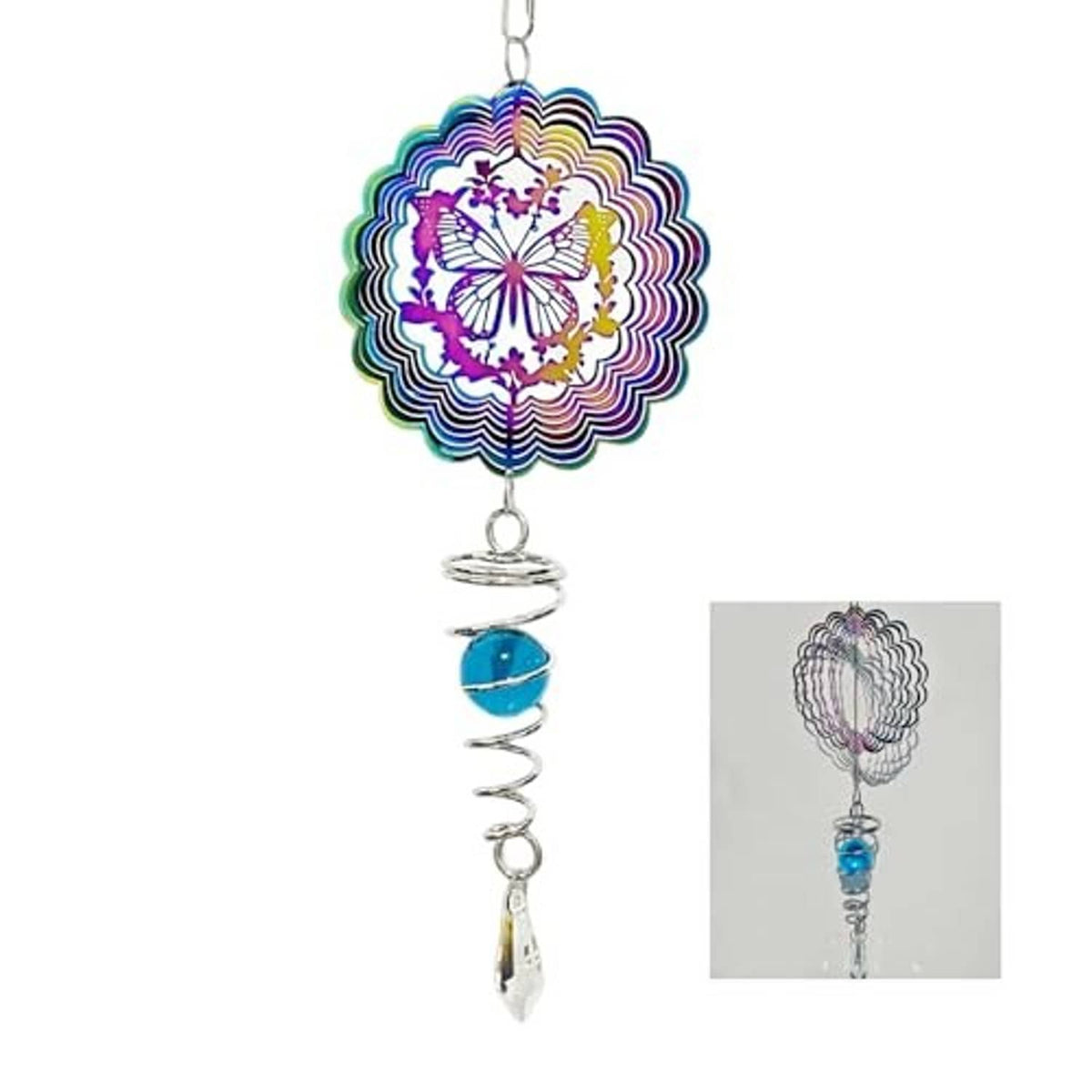 Hanging mandala wind spinner with rainbow scalloped disc, blue bead, spiral metal, crystal
