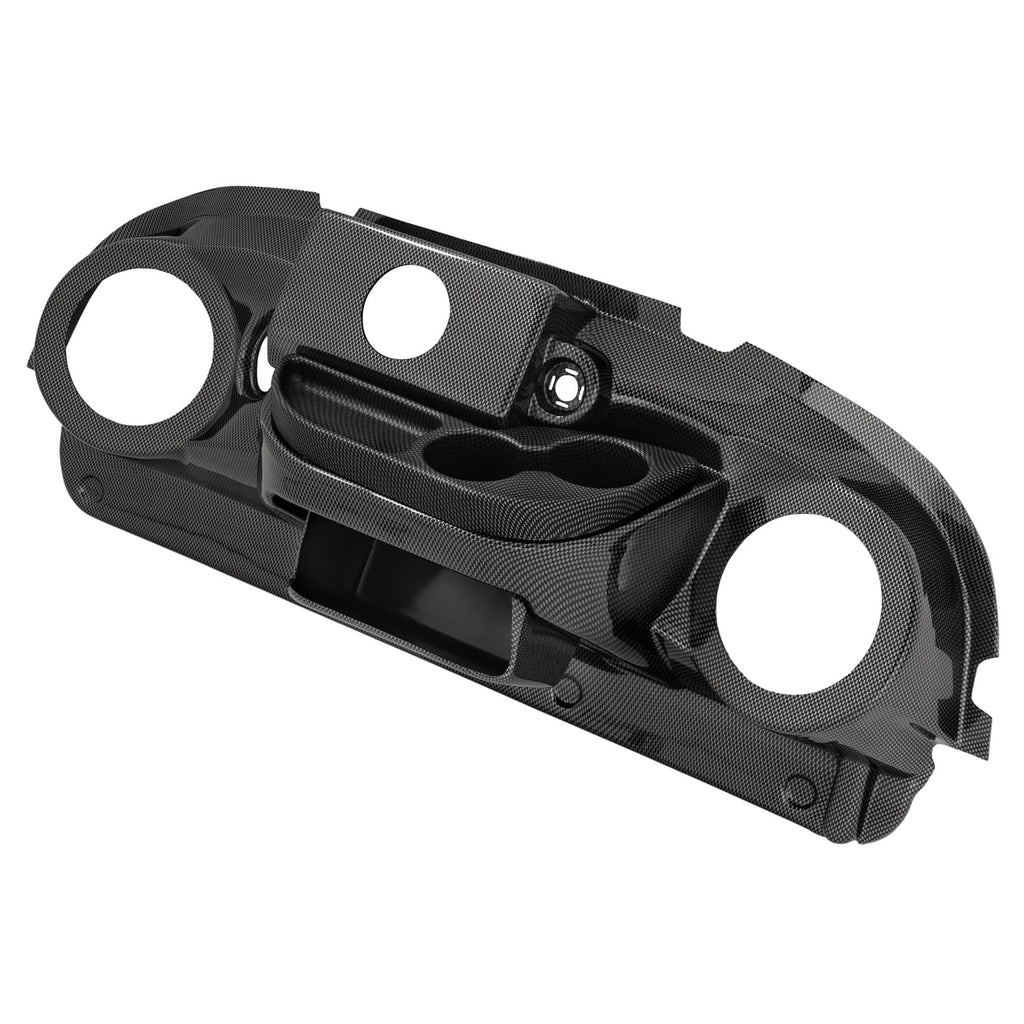 Black dashboard cover insert with textured carbon fiber look, speaker cutouts and radio opening
