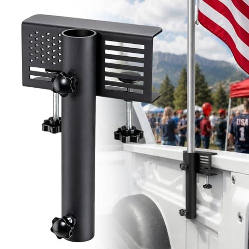 Black heavy-duty truck flag pole mount bracket with adjustable side clamps.