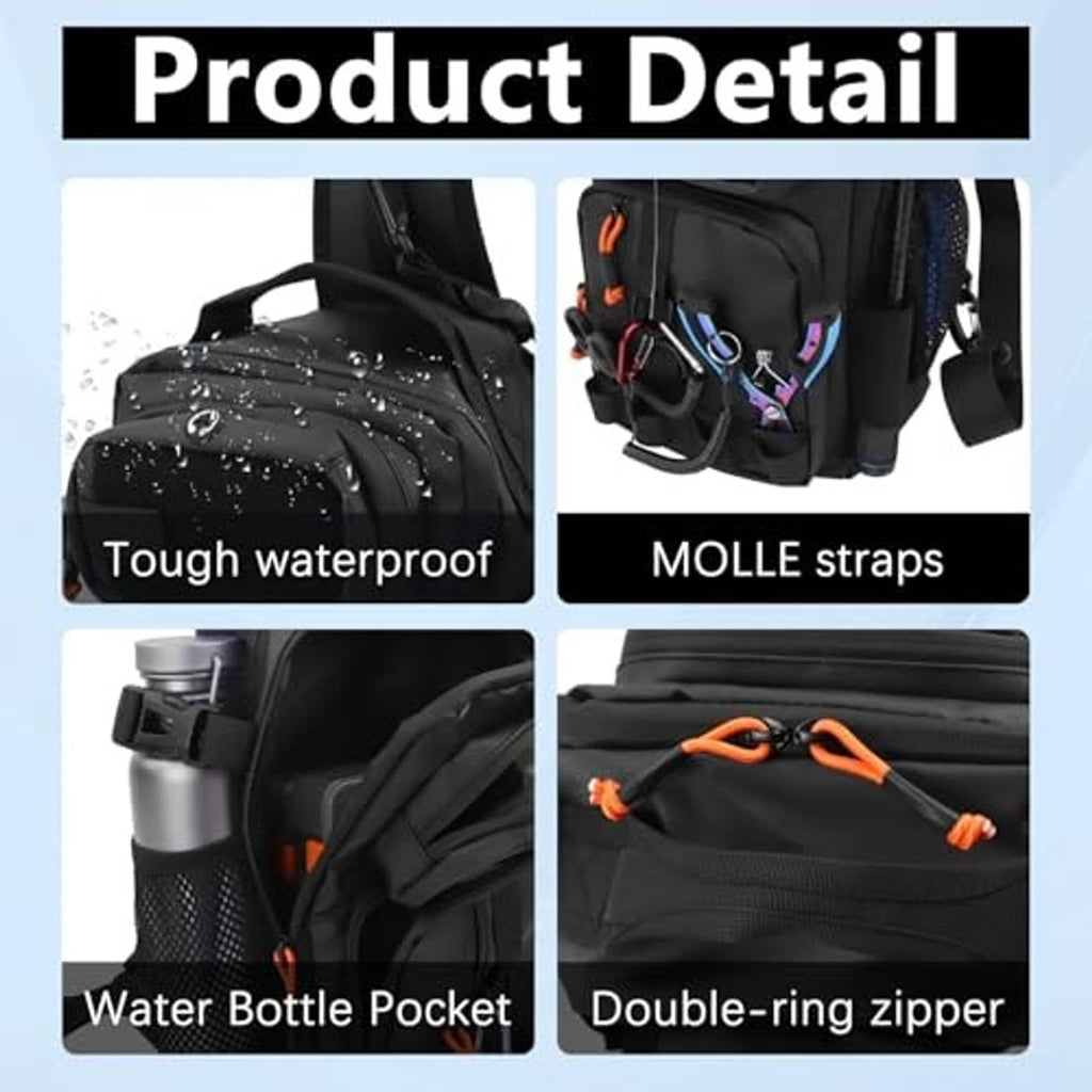 Black fishing backpack detail: Molle straps, bottle pocket, and double-ring zipper
