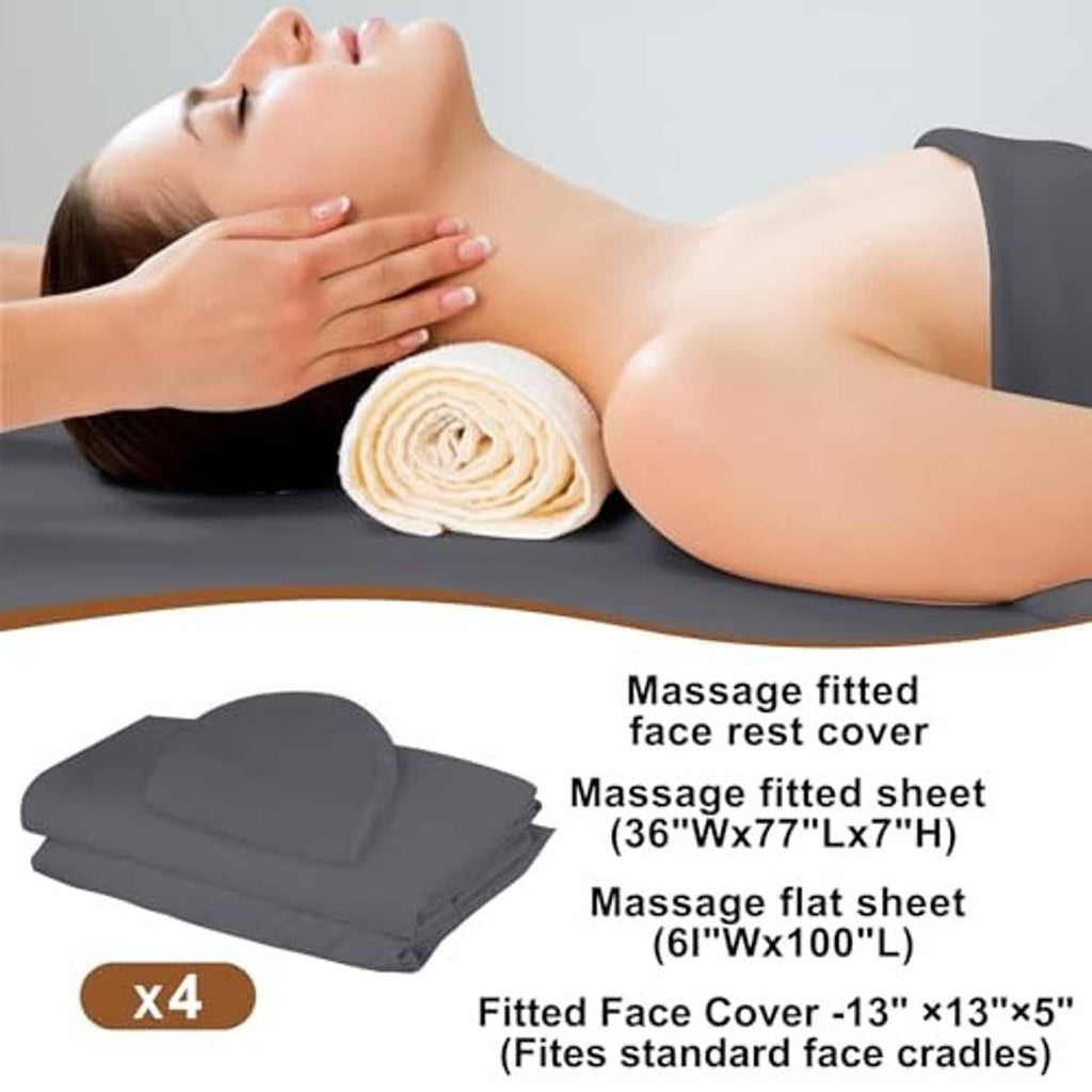Gray massage fitted face rest cover and fitted sheet set, shown folded and rolled