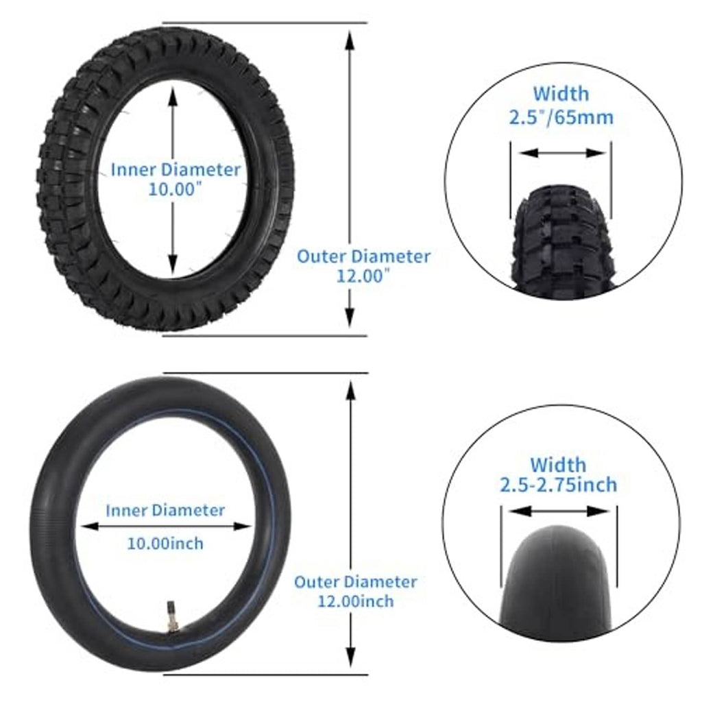 Black tire and inner tube with size diagram showing inner and outer diameter.