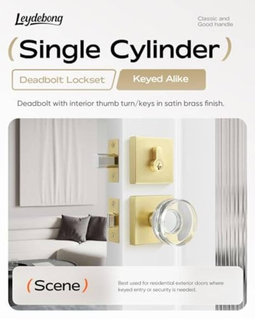 Single-cylinder deadbolt lock set with satin brass interior and chrome deadbolt