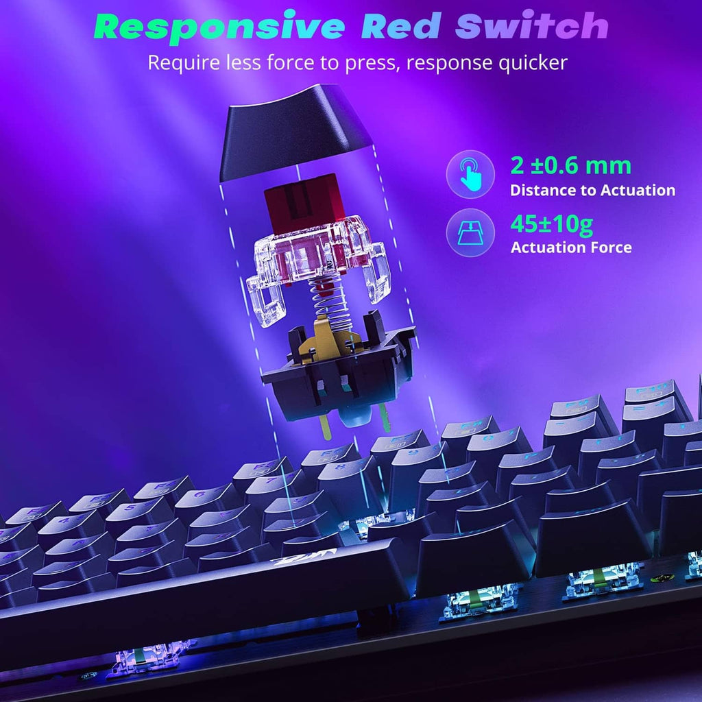 Mechanical gaming keyboard switch and keycap detail with RGB lighting glow.
