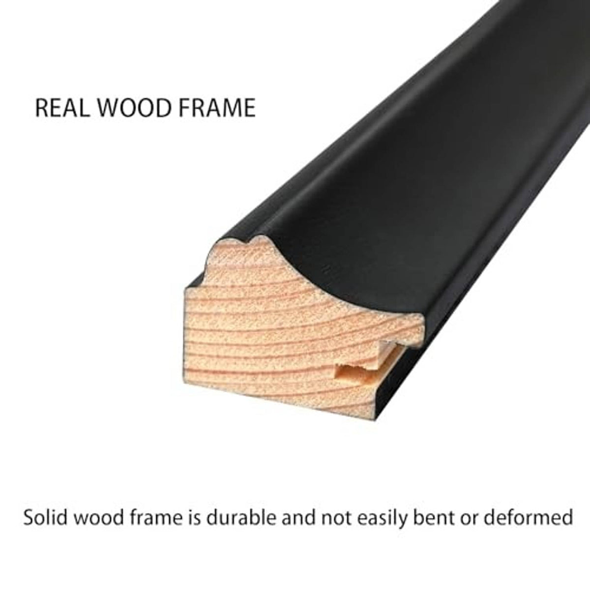 Solid wood frame corner with black finish profile and durable construction.