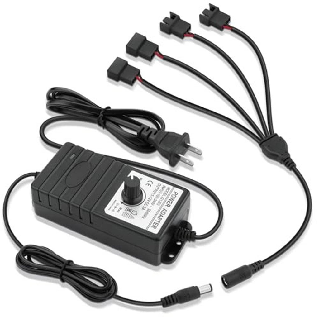 Black fan speed controller with four cable connectors, adjustable knob, and power adapter