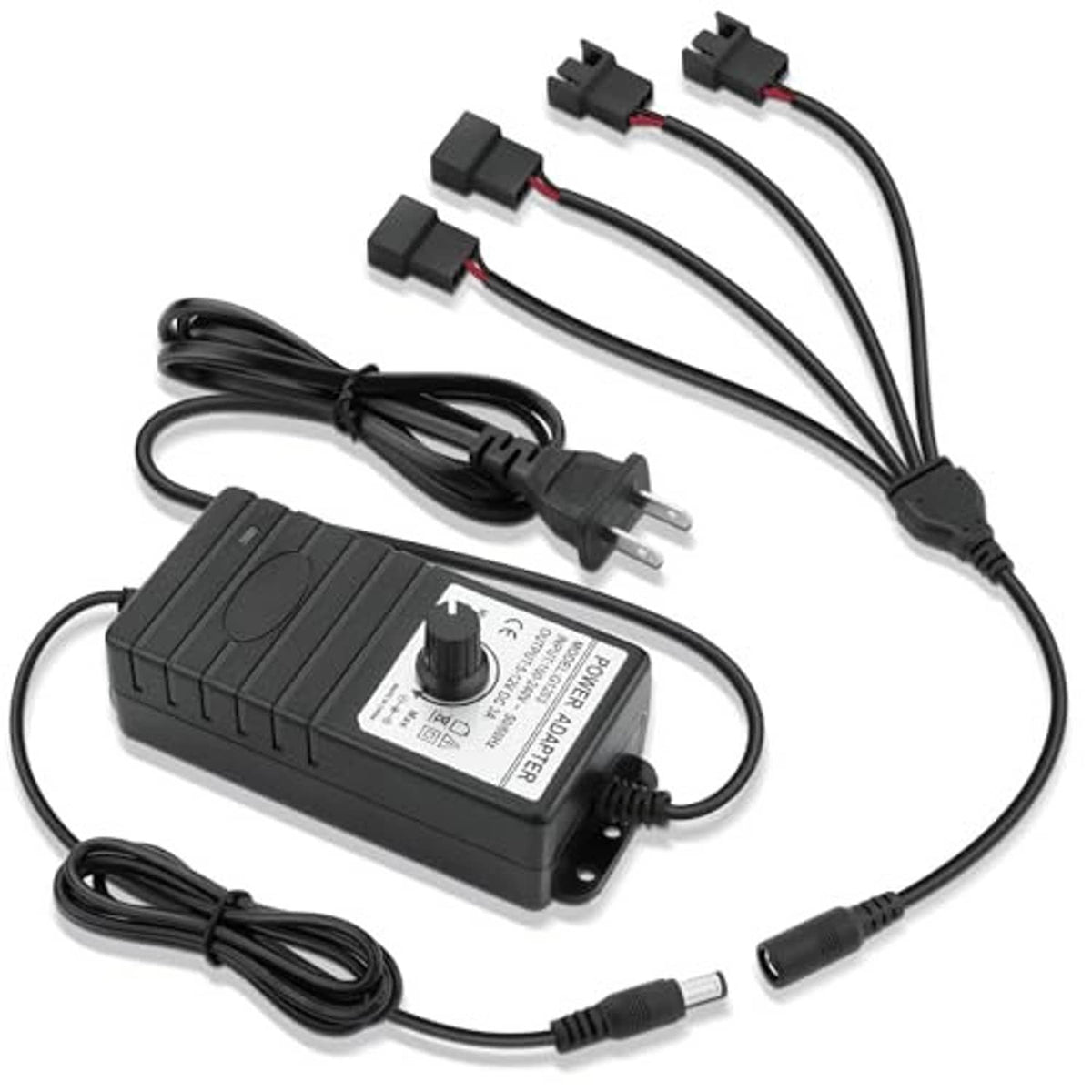Black fan speed controller with four cable connectors, adjustable knob, and power adapter