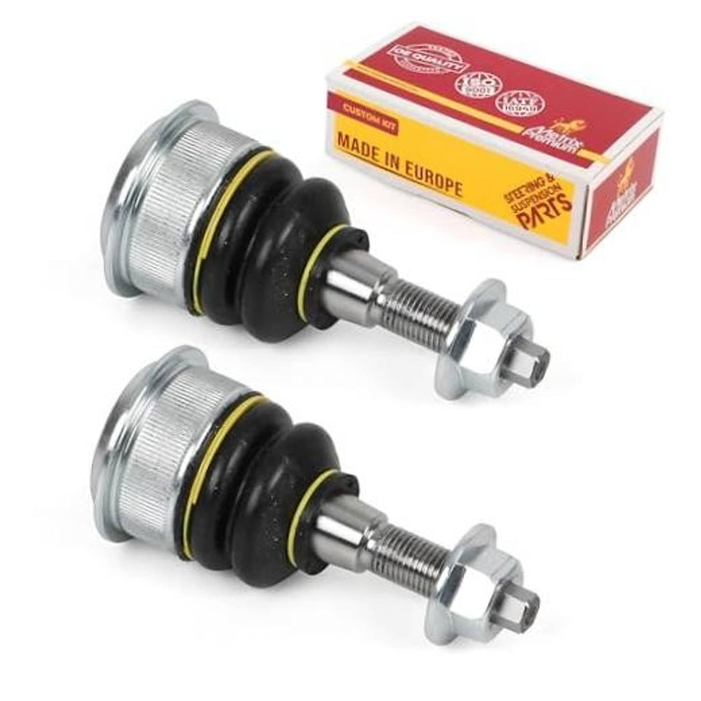 Pair of front upper ball joints with black rubber boots and chrome studs