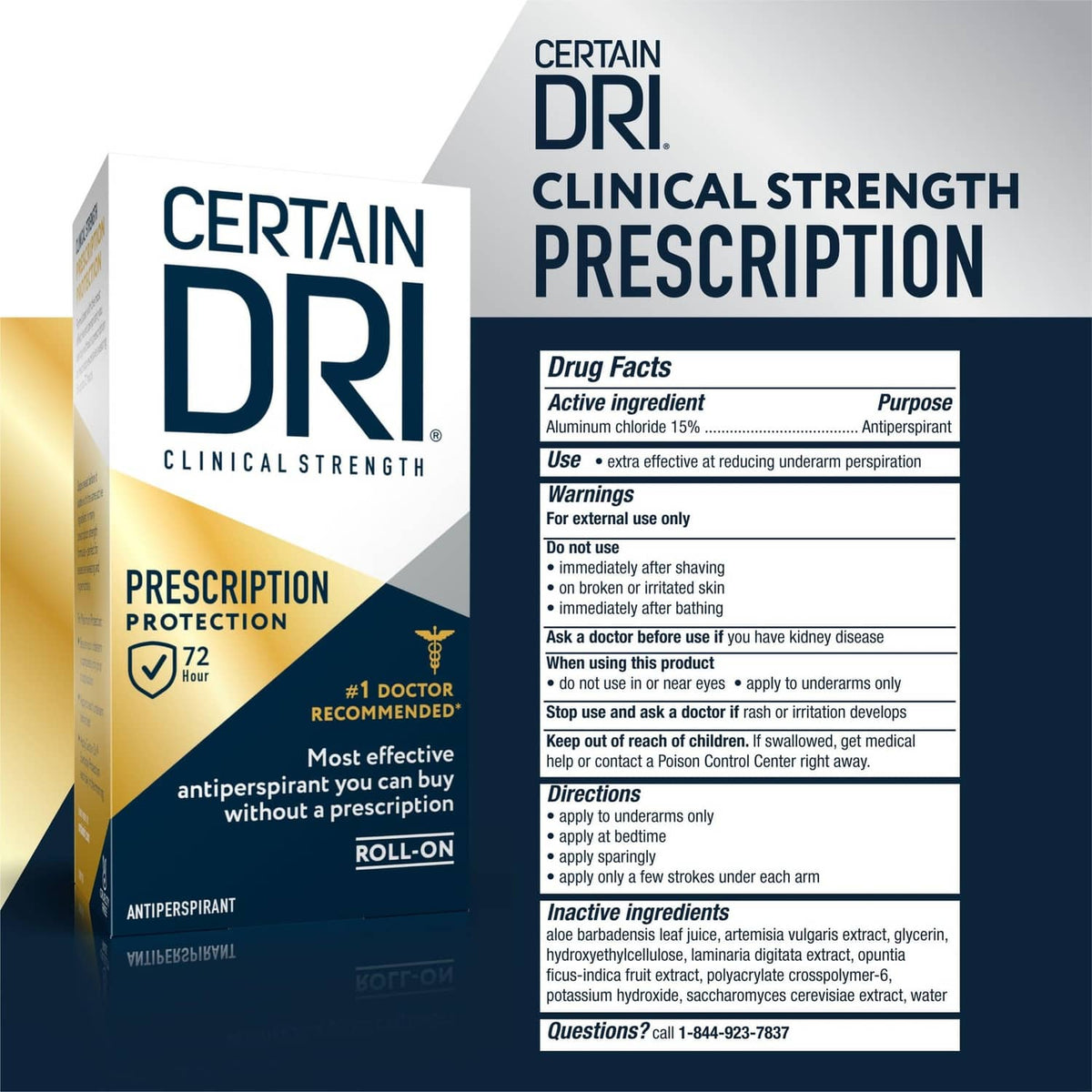 Certain Dri clinical strength prescription antiperspirant roll-on box with drug facts panel