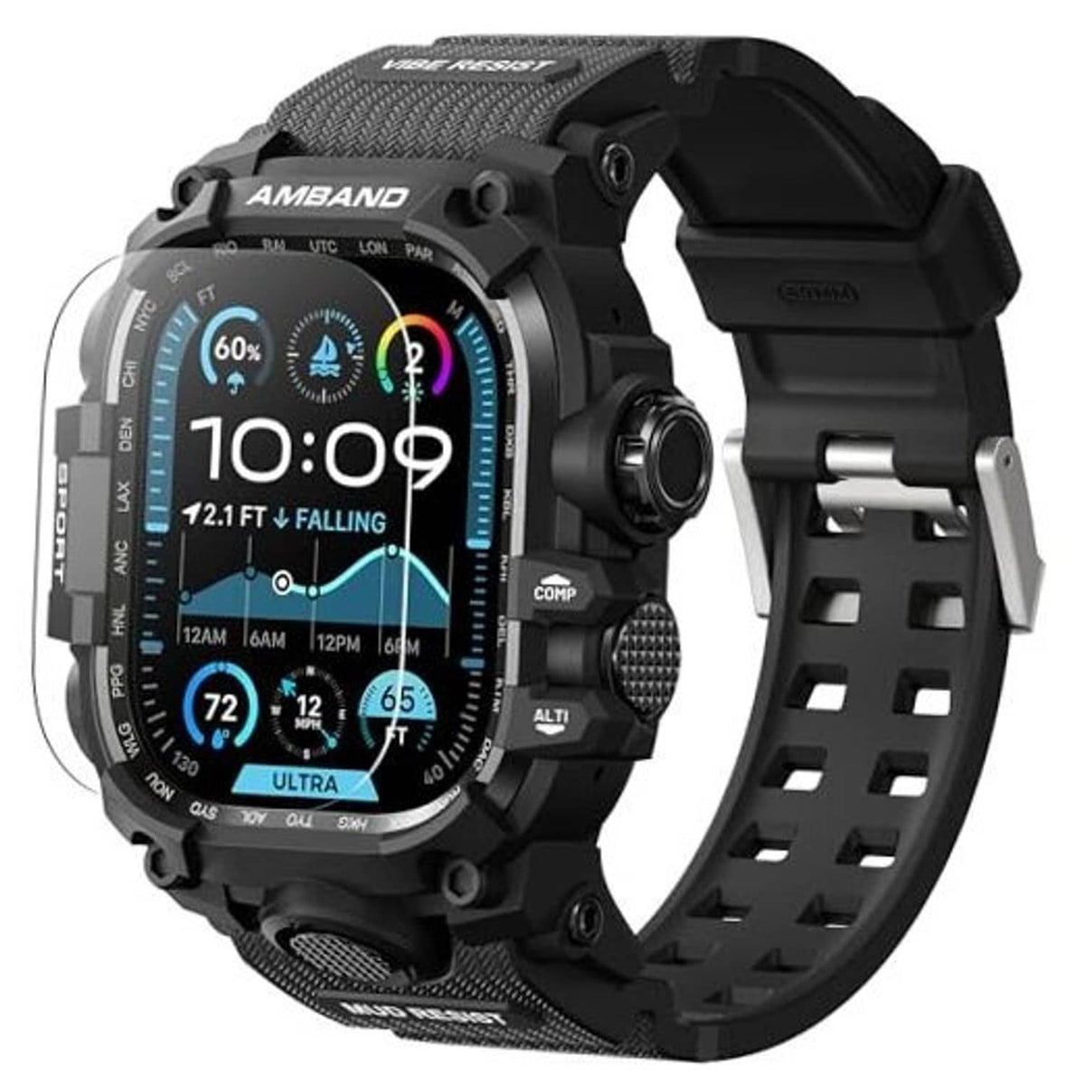 Rugged matte black watch case and band with adjustable perforated strap for 49mm