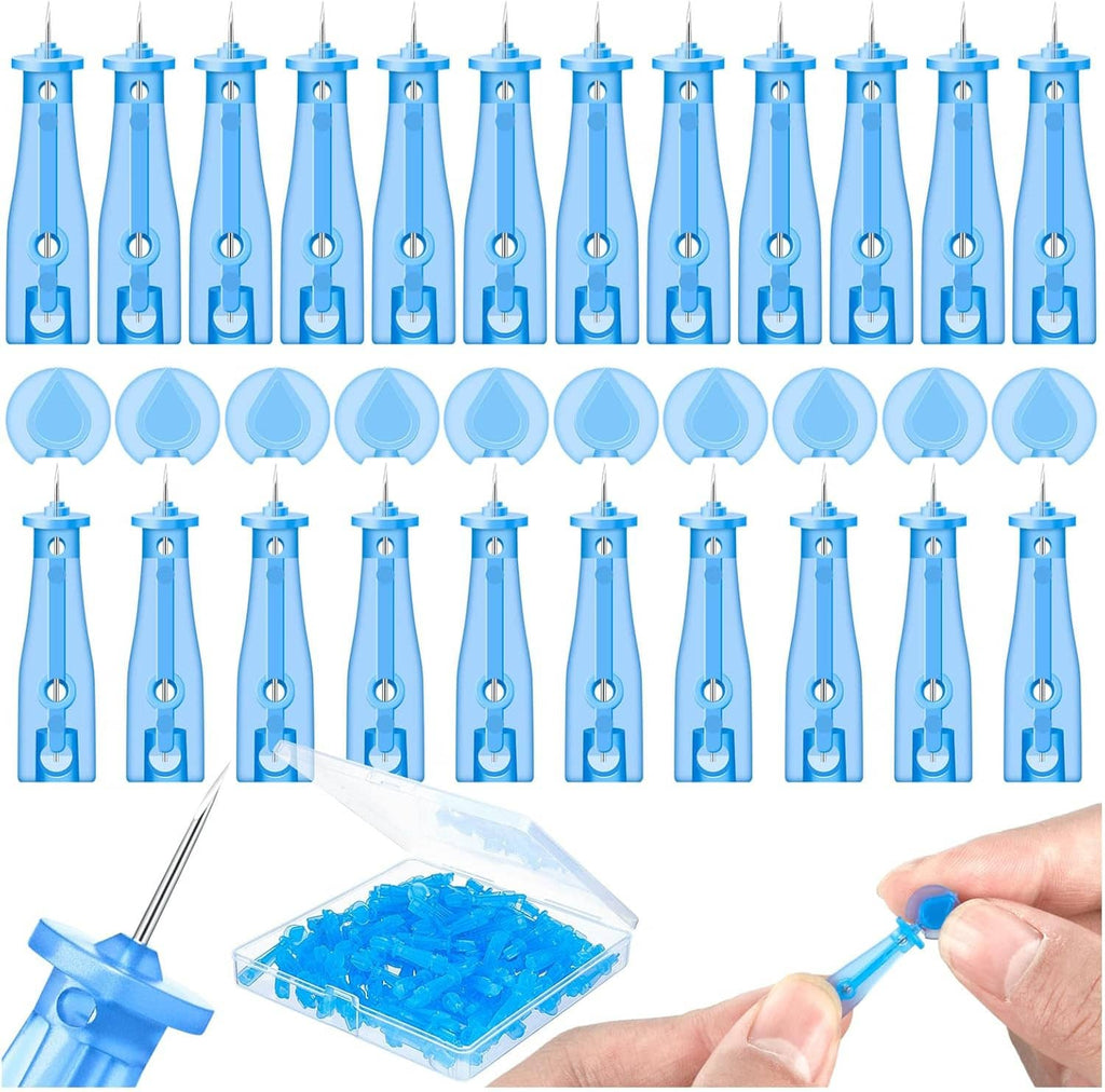 Disposable acne lancets set with blue needle caps and tray; one lance in hand