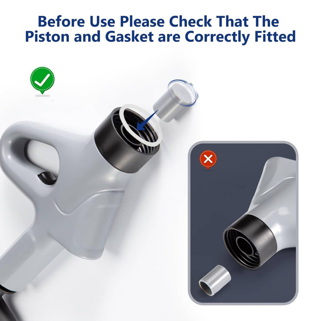 Gray toilet air plunger nozzle showing piston and gasket seated correctly