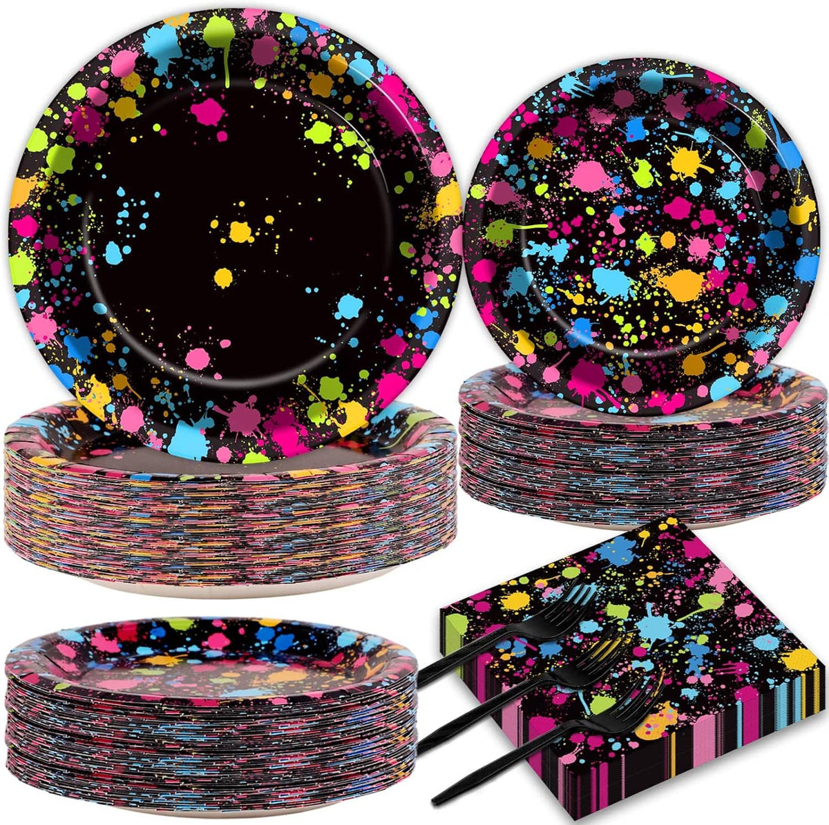 Neon splatter glow dinner and dessert plates stacked with napkins and plastic forks