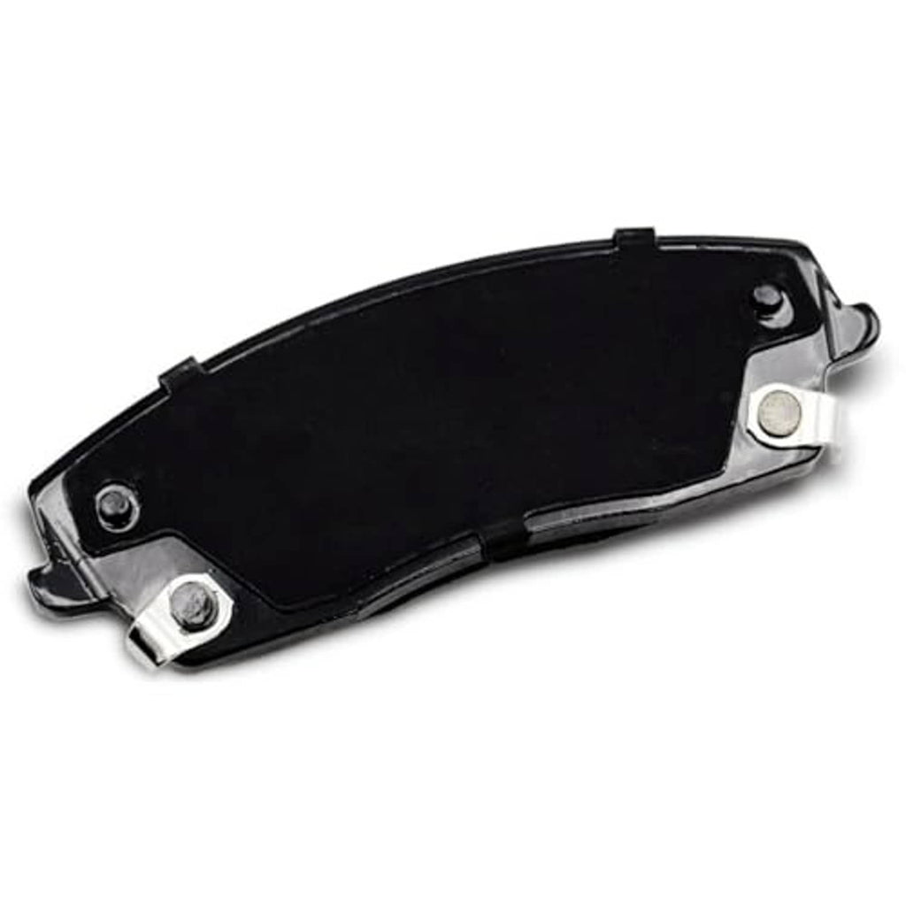 Black-backed brake pad with gray ceramic friction surface and mounting clips