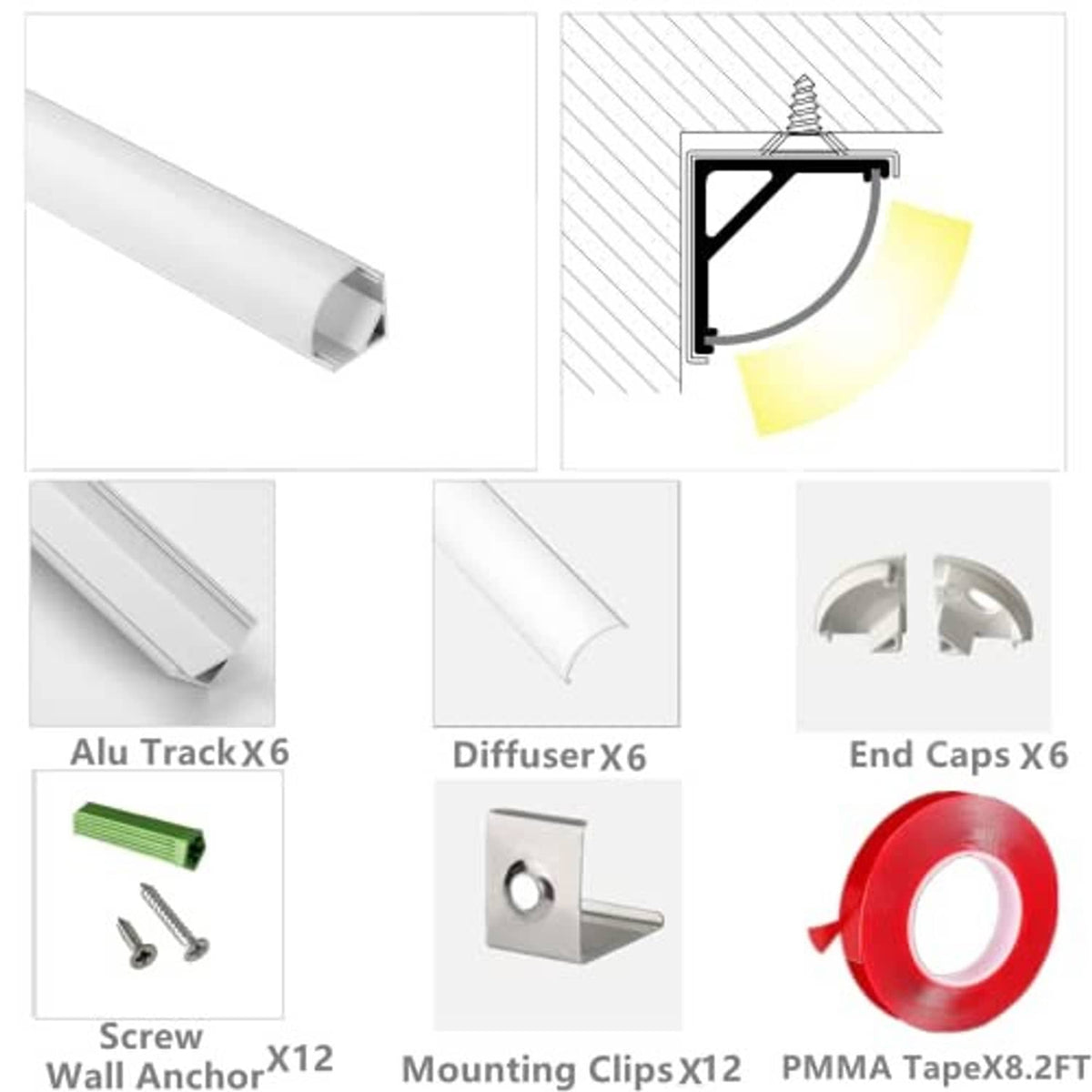 LED strip channel kit parts: aluminum track, diffuser, end caps, mounting clips, screws