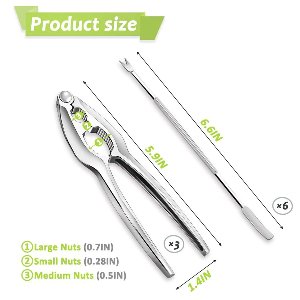 Stainless steel lobster cracker tool and long pick forks, product size view