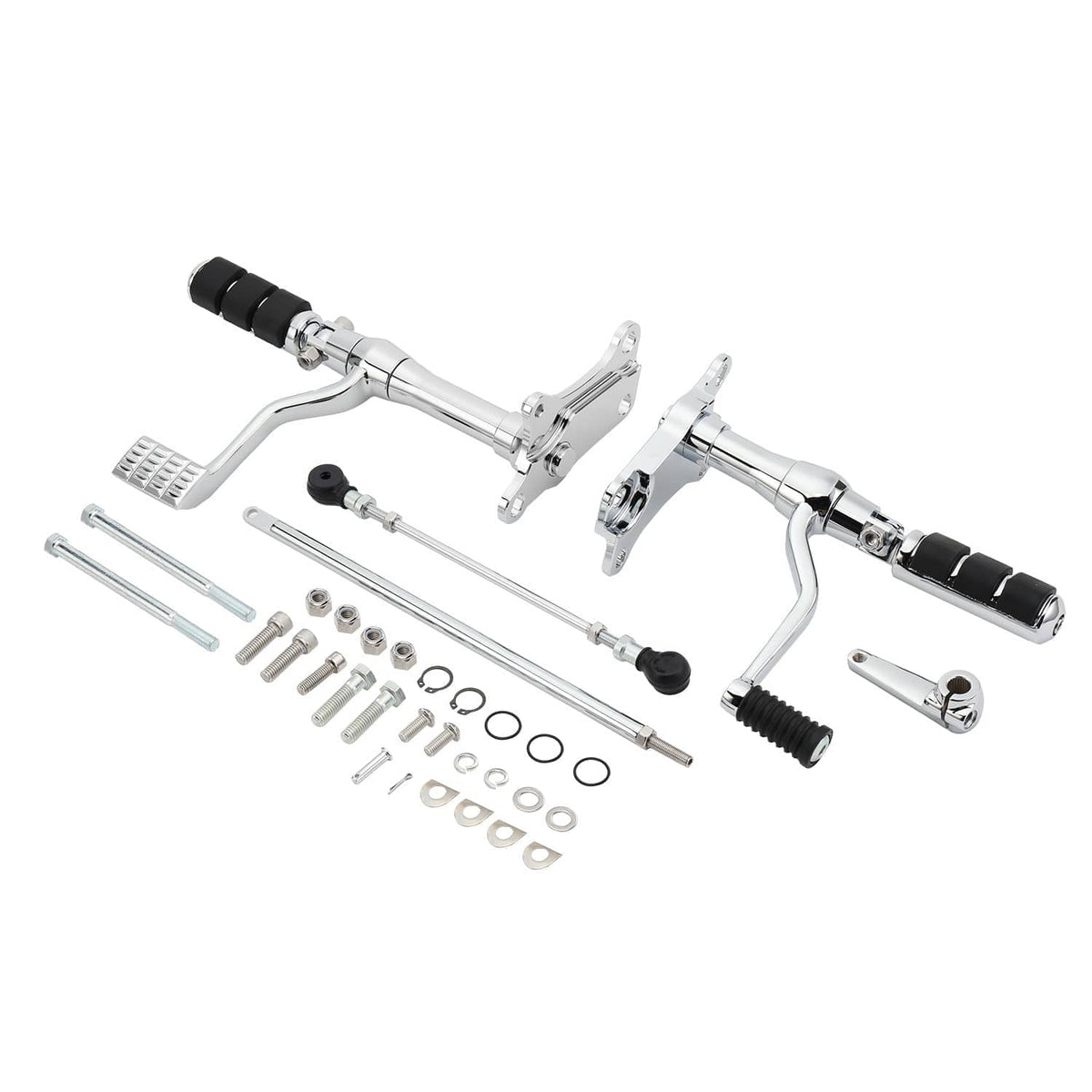 Chrome forward control pegs, levers, and linkage kit with hardware pieces