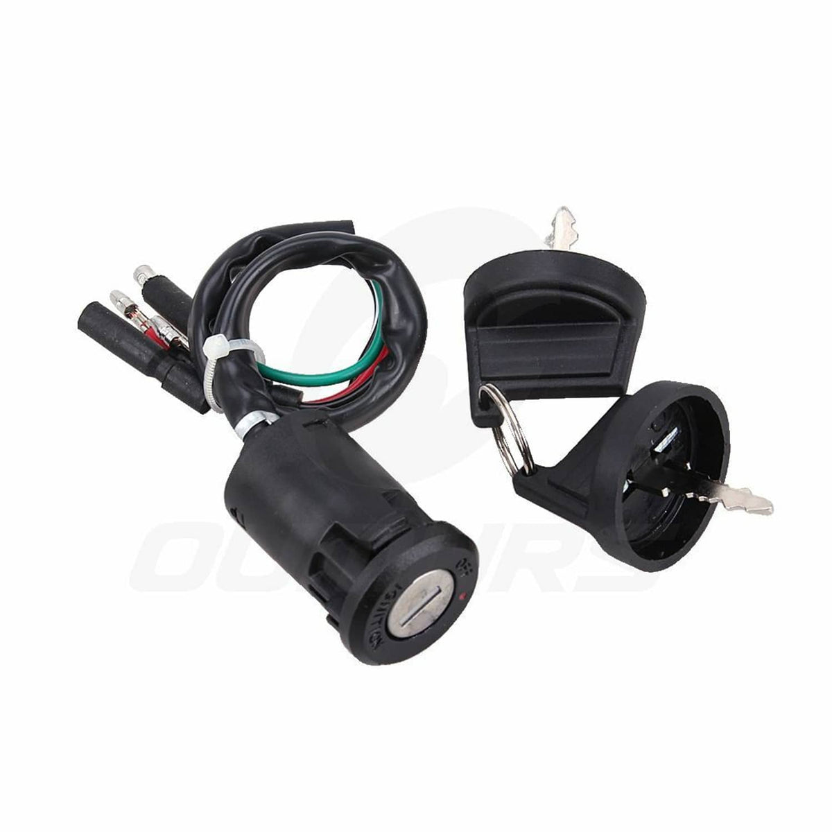 Ignition key switch assembly with black cylinder, two keys, and wire harness connector.