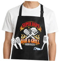 Black grilling apron with adjustable neck strap and bold “Super Dad’s Bar & Grill” graphic
