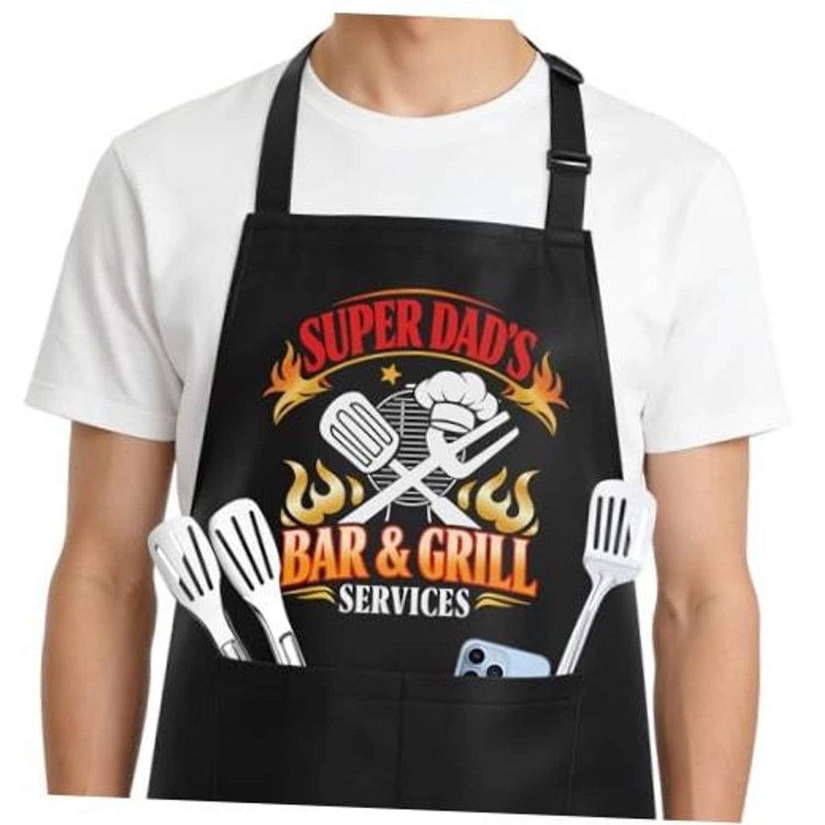Black grilling apron with adjustable neck strap and bold “Super Dad’s Bar & Grill” graphic