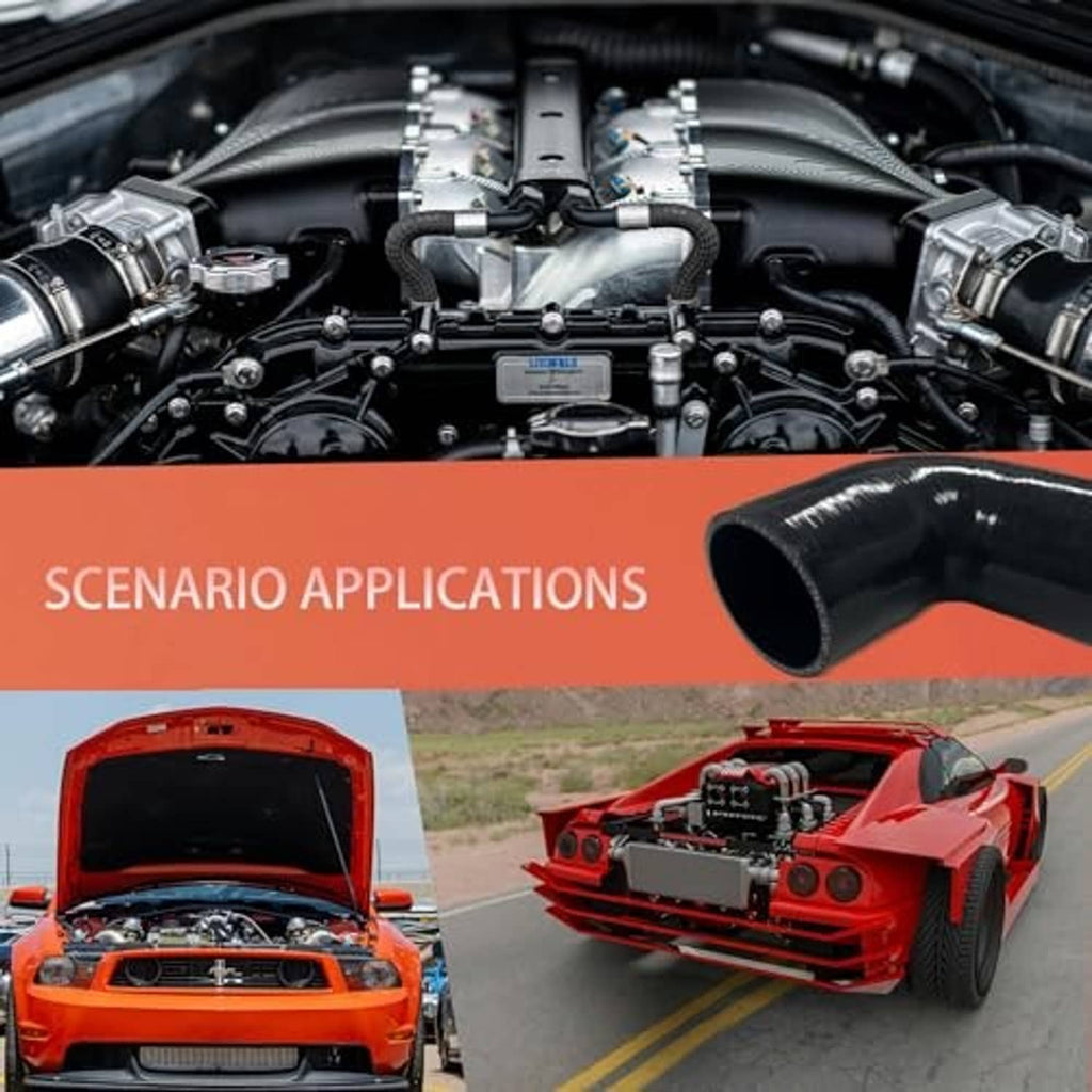Black 90° silicone hose elbow installed in engine bay, glossy curved section