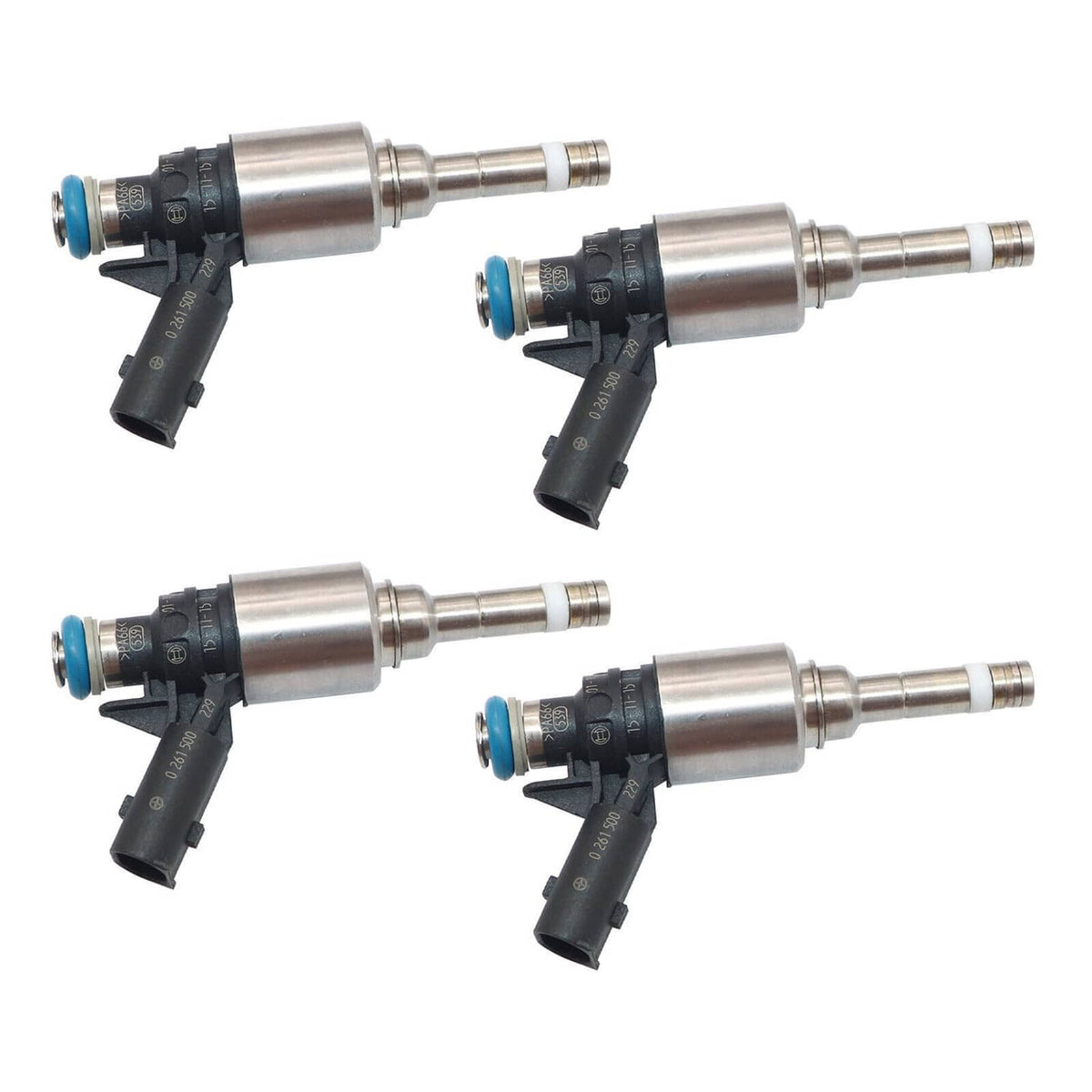 Set of four fuel injectors with silver bodies, black connectors, and blue sealing rings