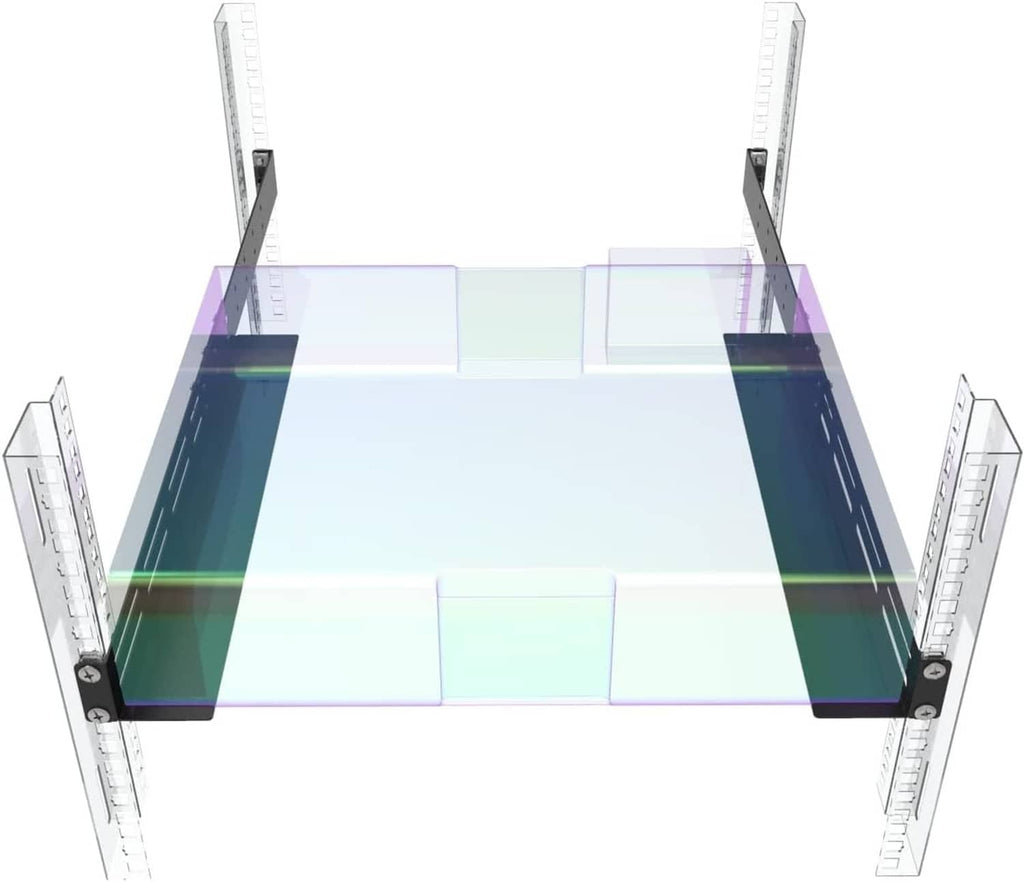 Adjustable rack mount rails attached across four vertical posts for server racks