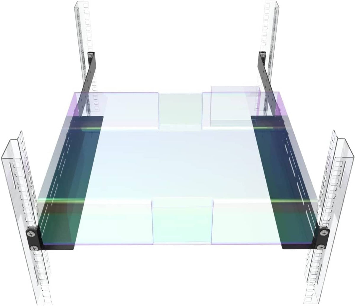 Adjustable rack mount rails attached across four vertical posts for server racks