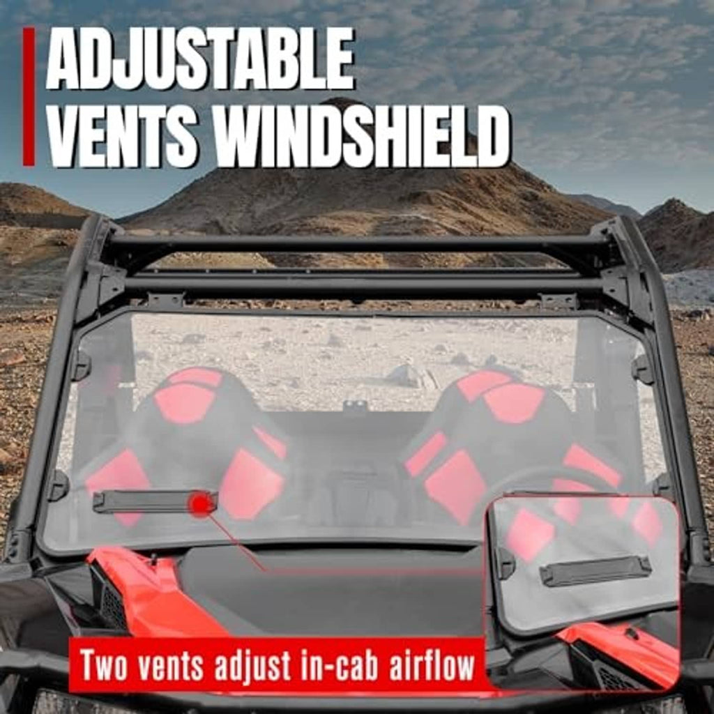 Full front windshield with adjustable vent openings over clear panel and black supports