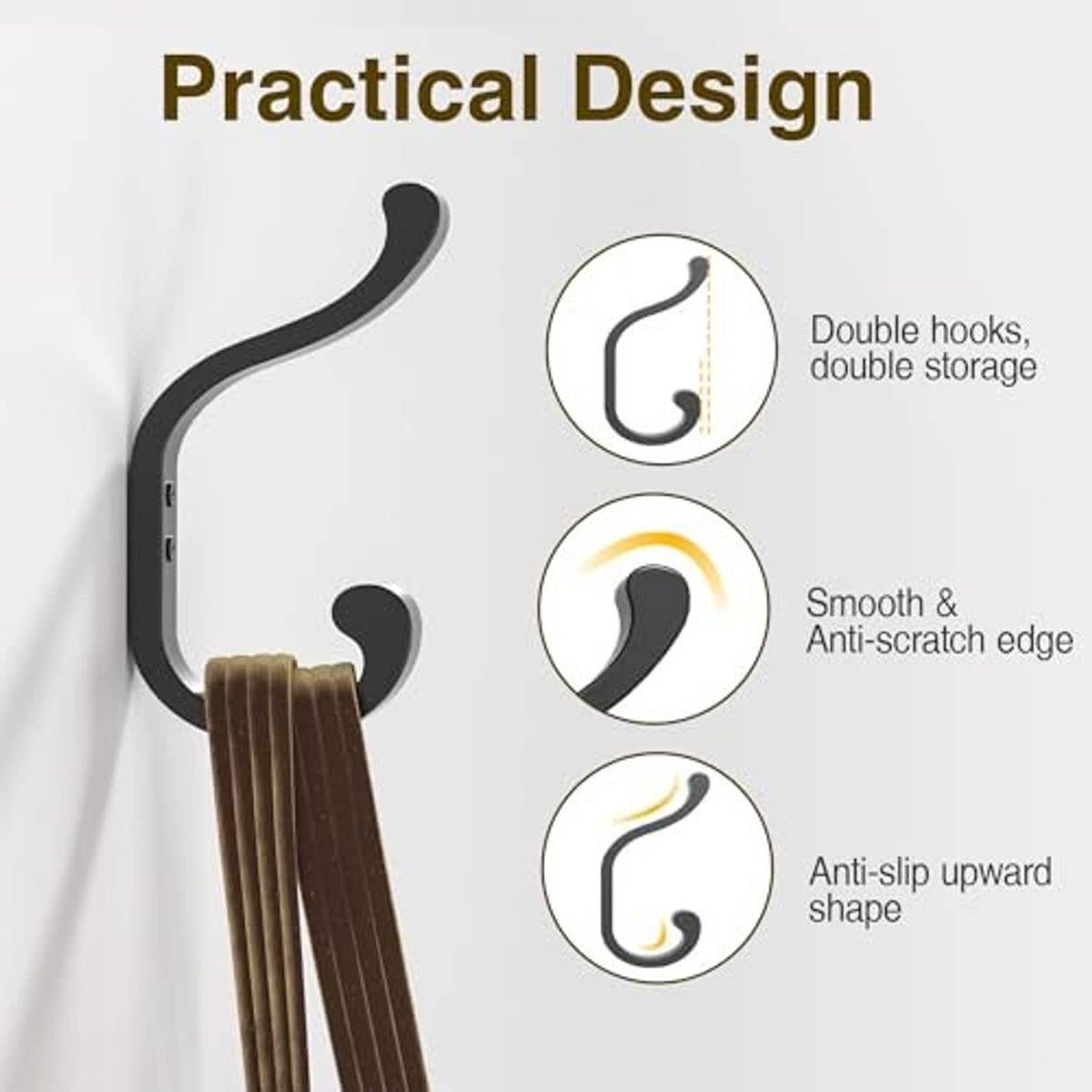 Matte black coat hook with smooth, anti-scratch edge and anti-slip curved design