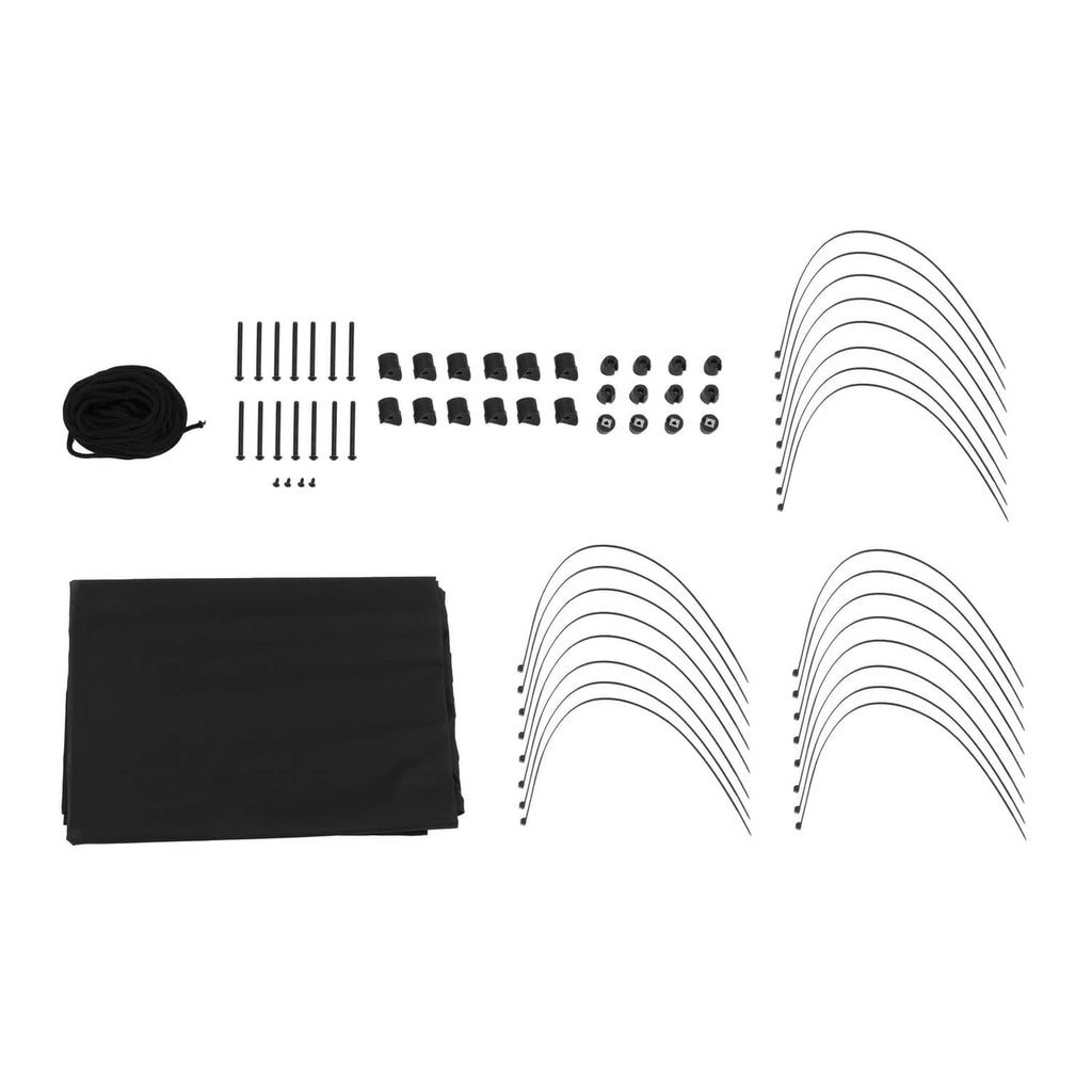 Black sun top installation kit: fasteners, curved support ribs, and mounting pieces