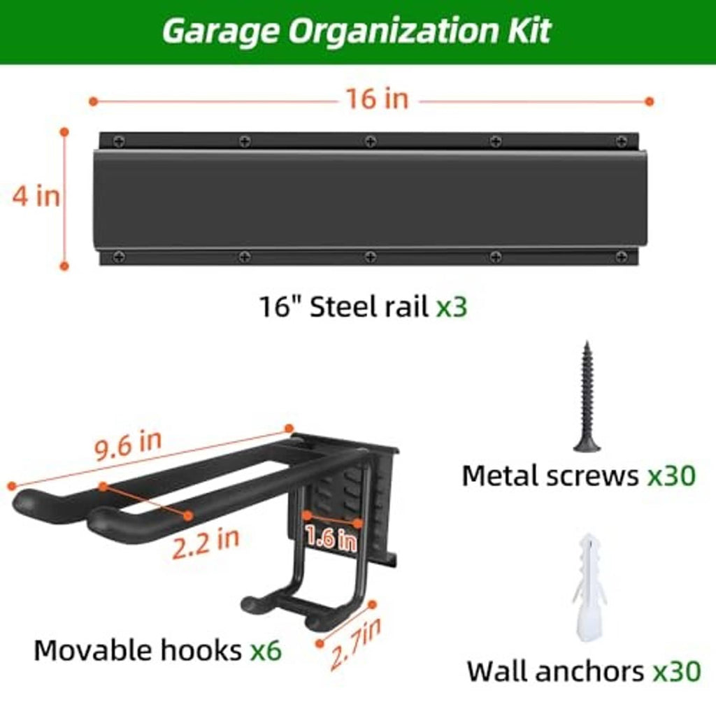 Steel rail tool organizer kit with movable hooks, screws, and wall anchors