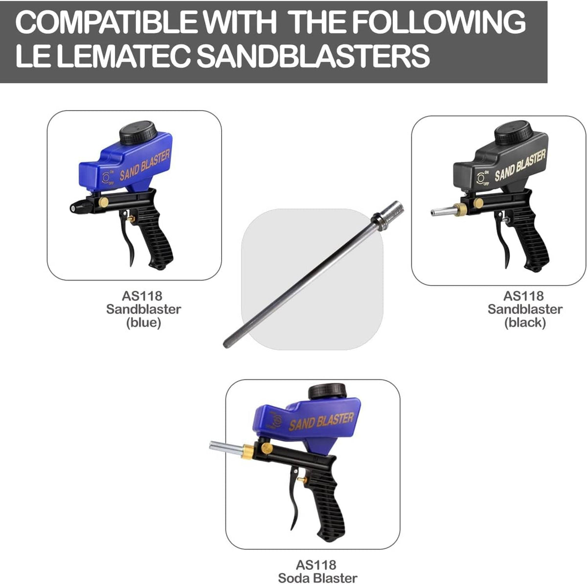 Long sandblaster nozzle extension wand shown with compatible sand blasters