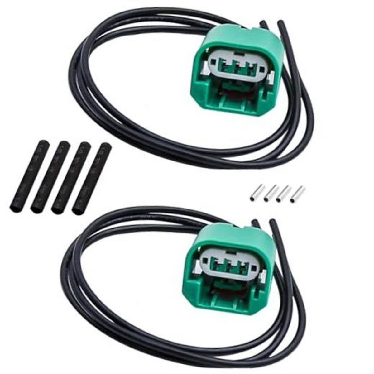 Headlight wiring connector harness with two green plug connectors and black wire leads