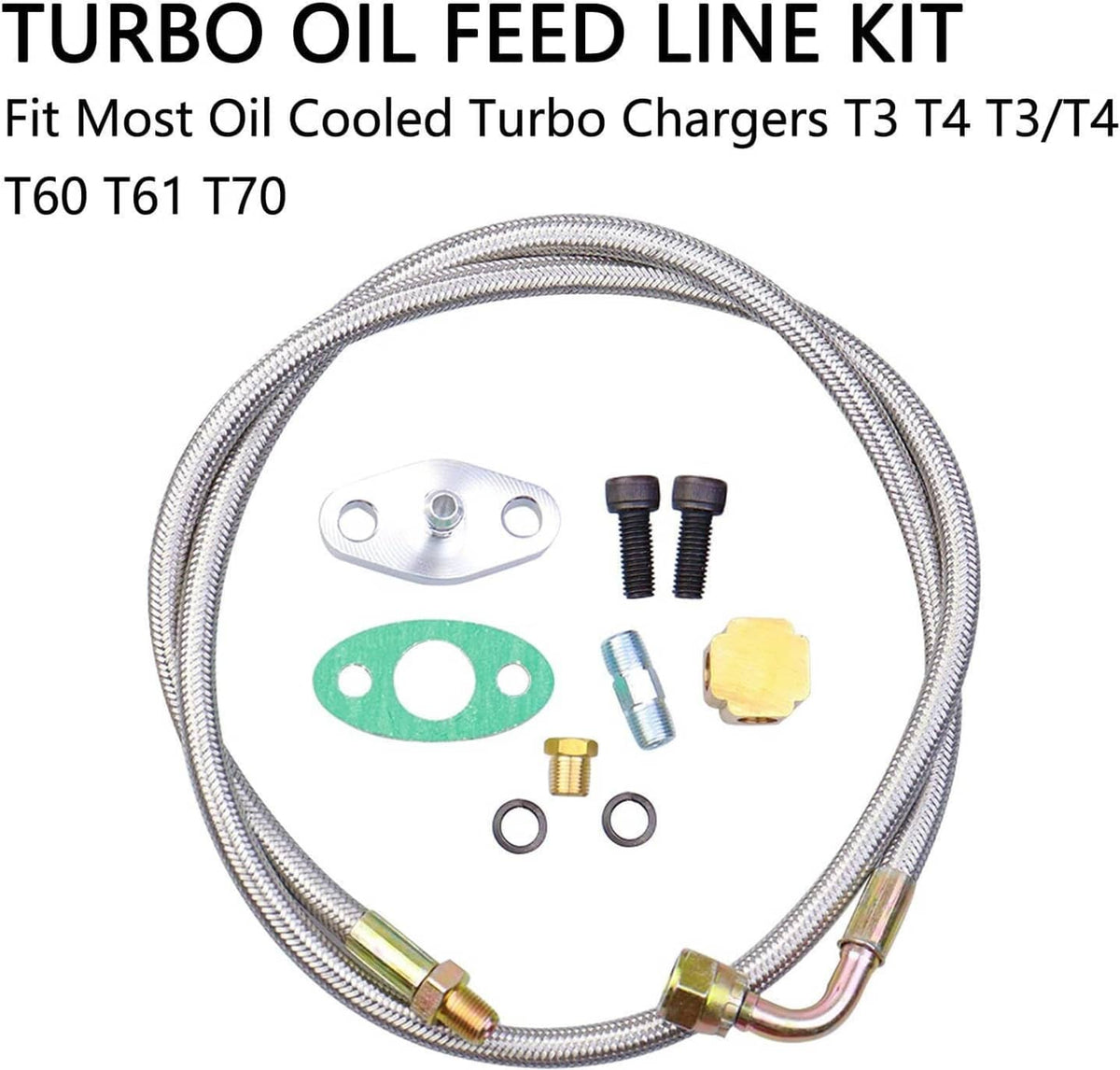 Turbo oil feed line kit with braided oil line, metal adapter, green gasket, and screws