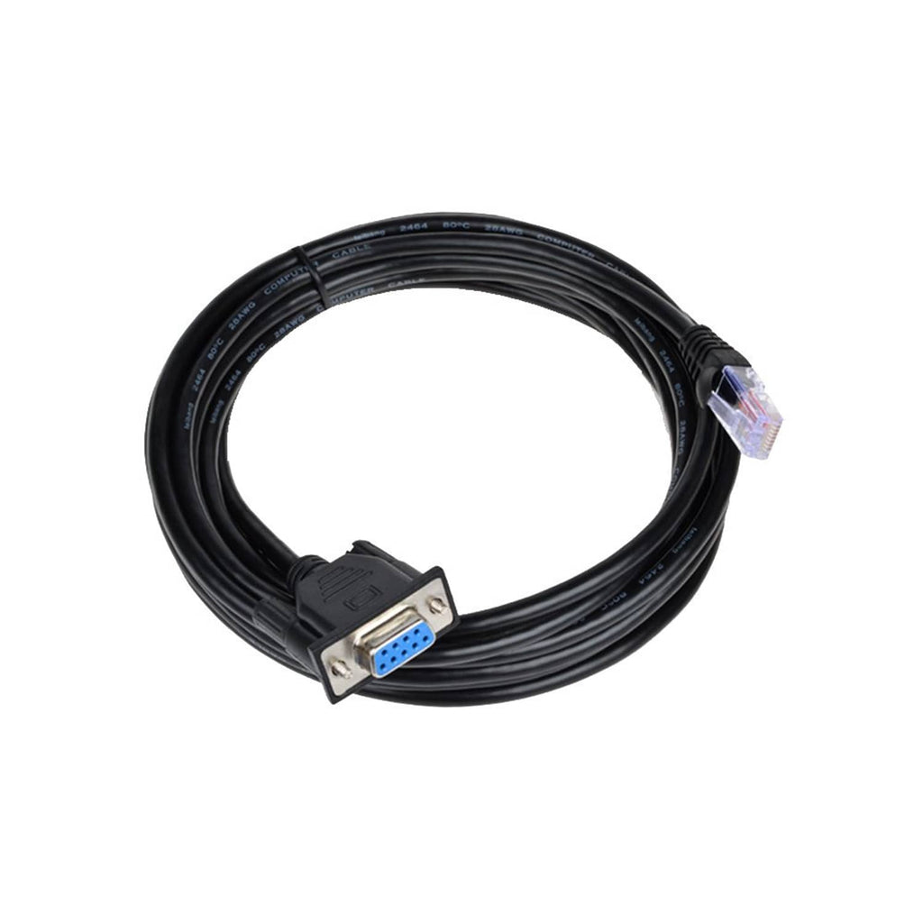 Coiled black RJ45 to DB9 serial console cable with molded connectors