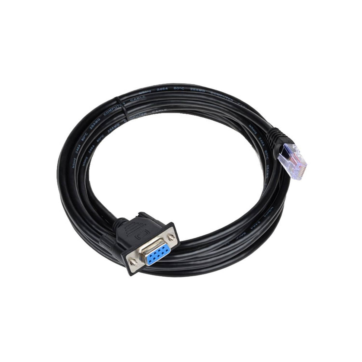 Coiled black RJ45 to DB9 serial console cable with molded connectors