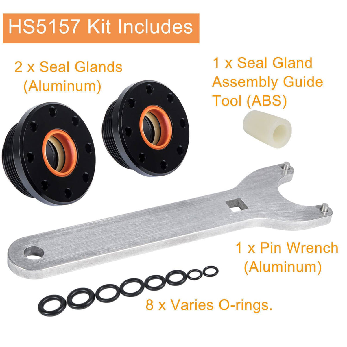 Hydraulic steering cylinder seal kit with seal glands, guide tool, pin wrench, O-rings