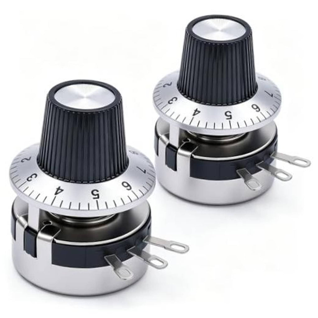 Pair of rotary linear potentiometers with black ridged knobs and silver mounting pins