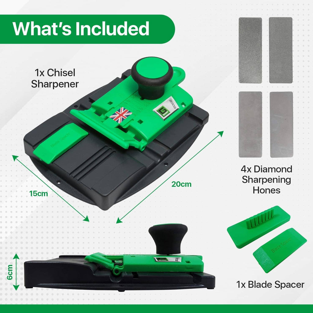 Chisel sharpening kit with green-and-black sharpener, diamond honing stones, blade spacer