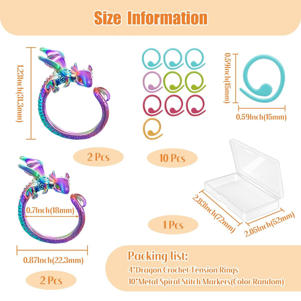 Dragon crochet tension ring set with adjustable loops and clear storage case