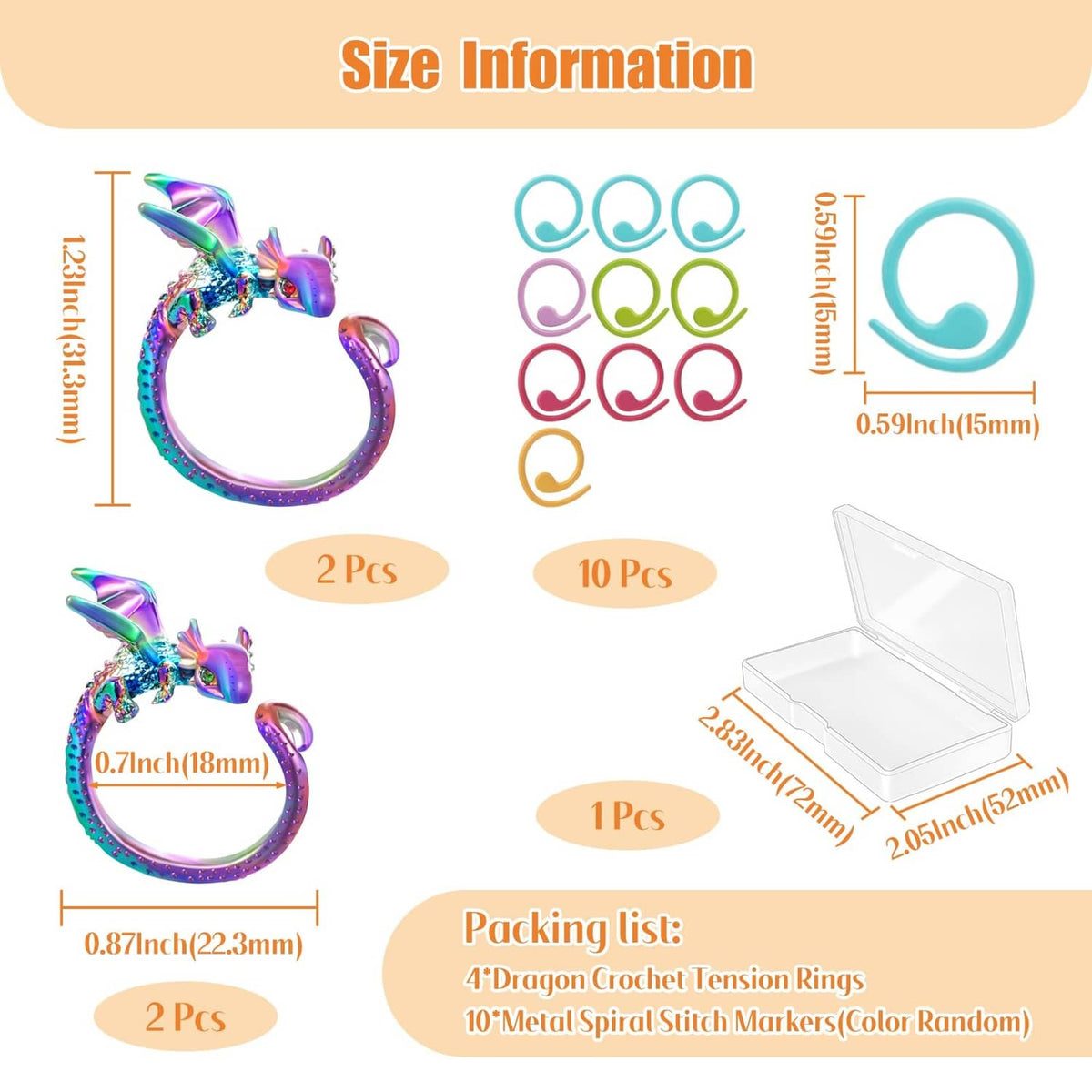 Dragon crochet tension ring set with adjustable loops and clear storage case