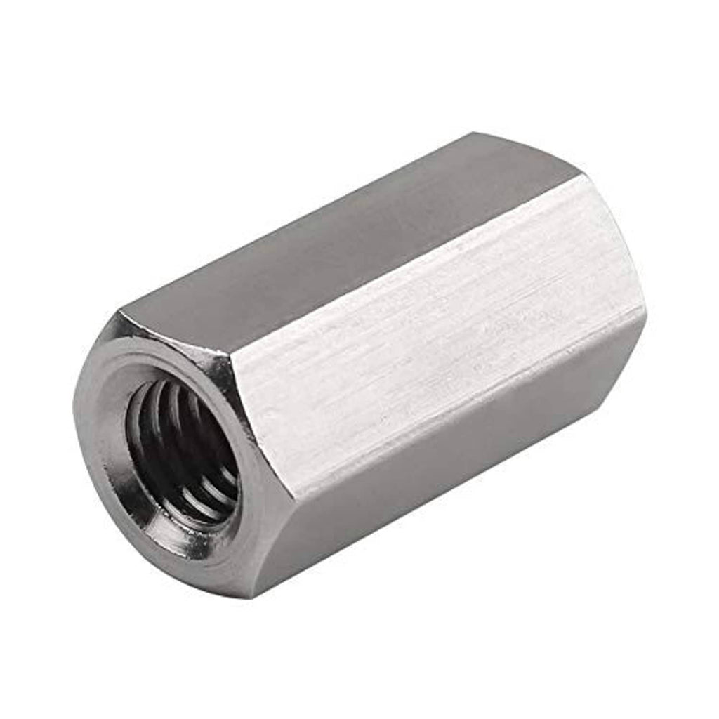 Stainless steel M8 hex coupling nut with internal threads, close-up